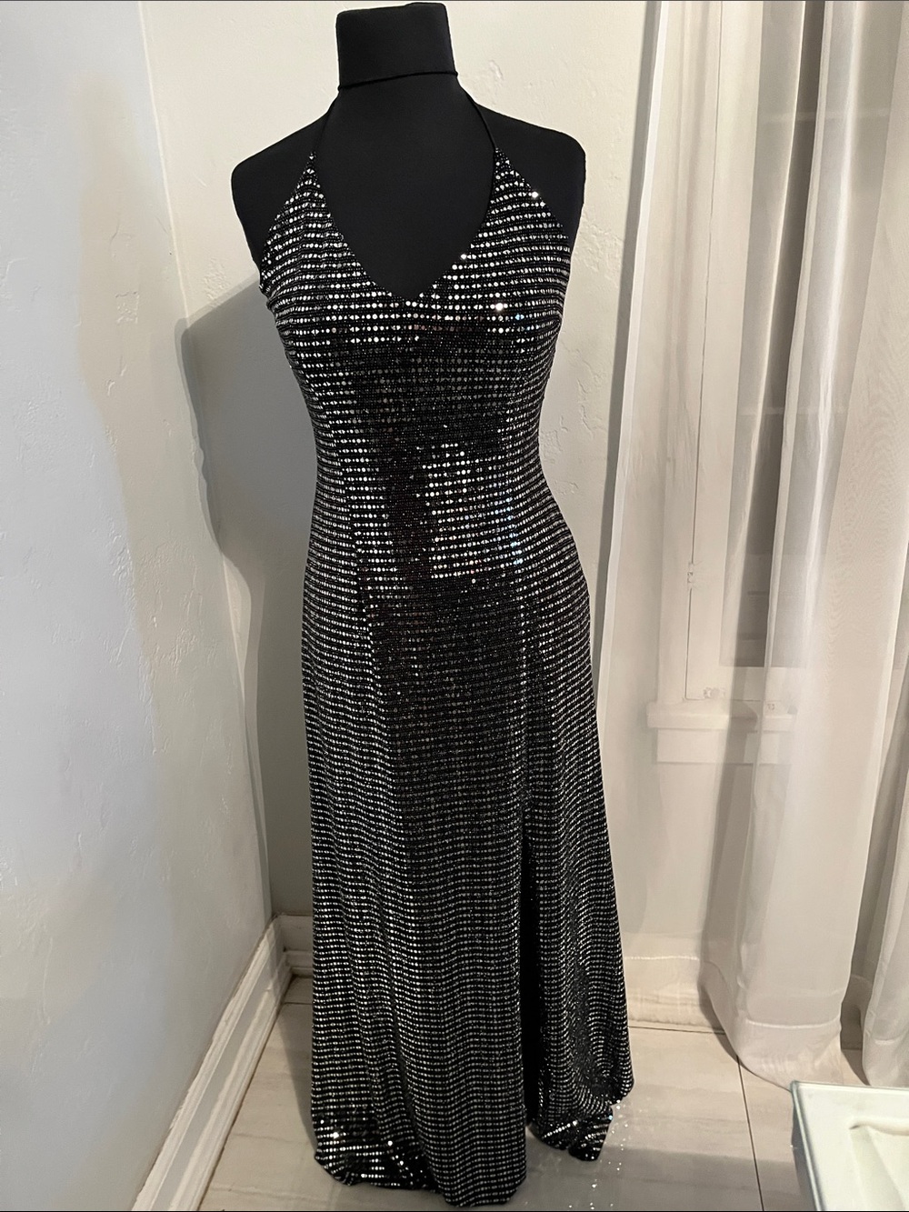 Aqua Black Sequin Halter Gown